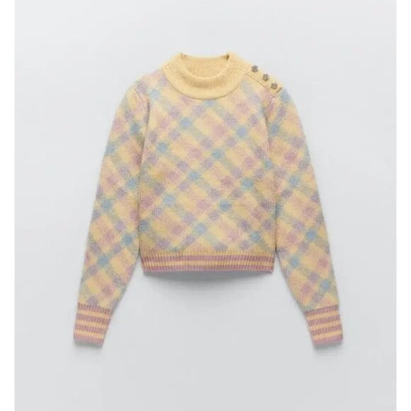 NWOT Zara multicoloured, pastel diamond checkered print wool blend sweater, M - Picture 4 of 8